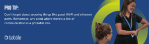 The graphic visually represents a "pro tip" to not skimp on cybersecurity awareness training and features and image of two ladies smiling and engaging in conversation.