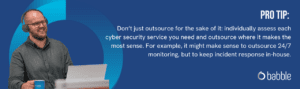 The graphic visually represents a "pro tip" to not just outsource for the sake of it and features an image of a man smiling at his desk with headphones on.