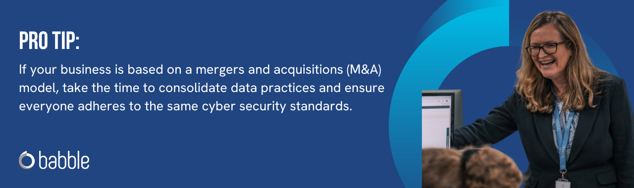 The graphic visually represents a "pro tip" to consolidate data practices if your business is based on an M&A model.