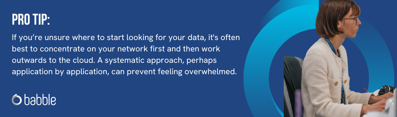 The graphic visually represents a "pro tip" to concentrate on your network first and then work outwards to the cloud when beginning your data audit.