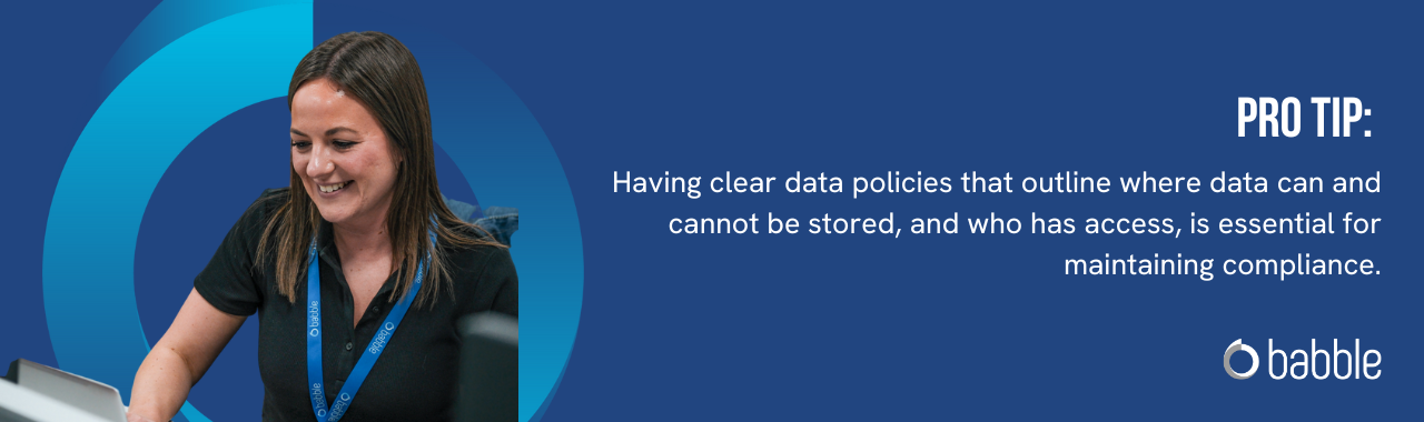 The graphic visually represents a "pro tip" to have clear data polies from the onset to maintain compliance.