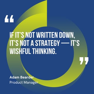 This graphic visually represents a quote by Adam Bearder that says, "If it’s not written down, it’s not a strategy — it’s wishful thinking."