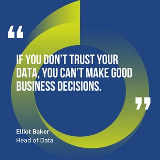 This graphic visually represents a quote by Elliot Baker that says, "If you don’t trust your data, you can’t make good business decisions."