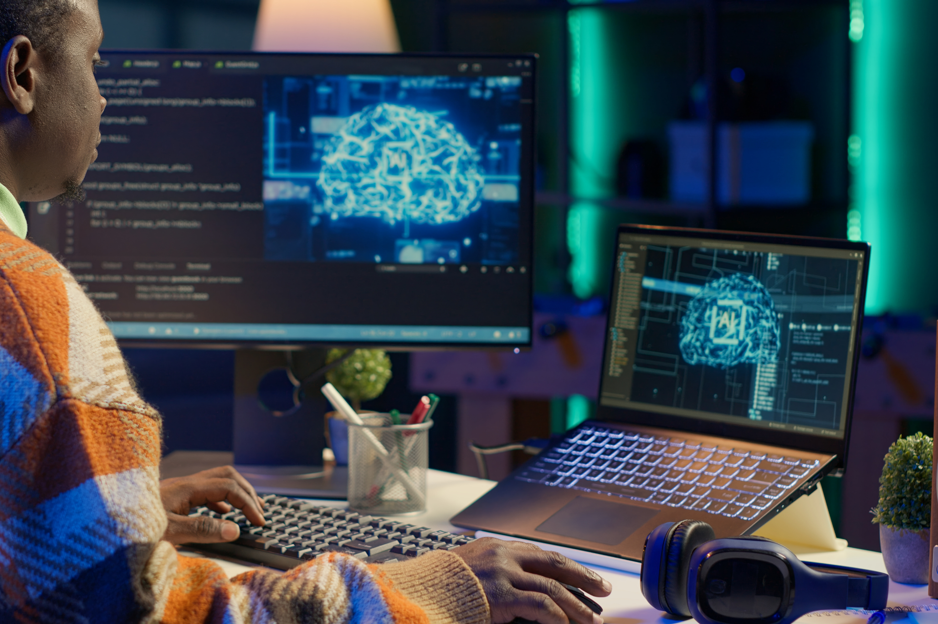 This is an image of a man working with AI tools ate his desk. 